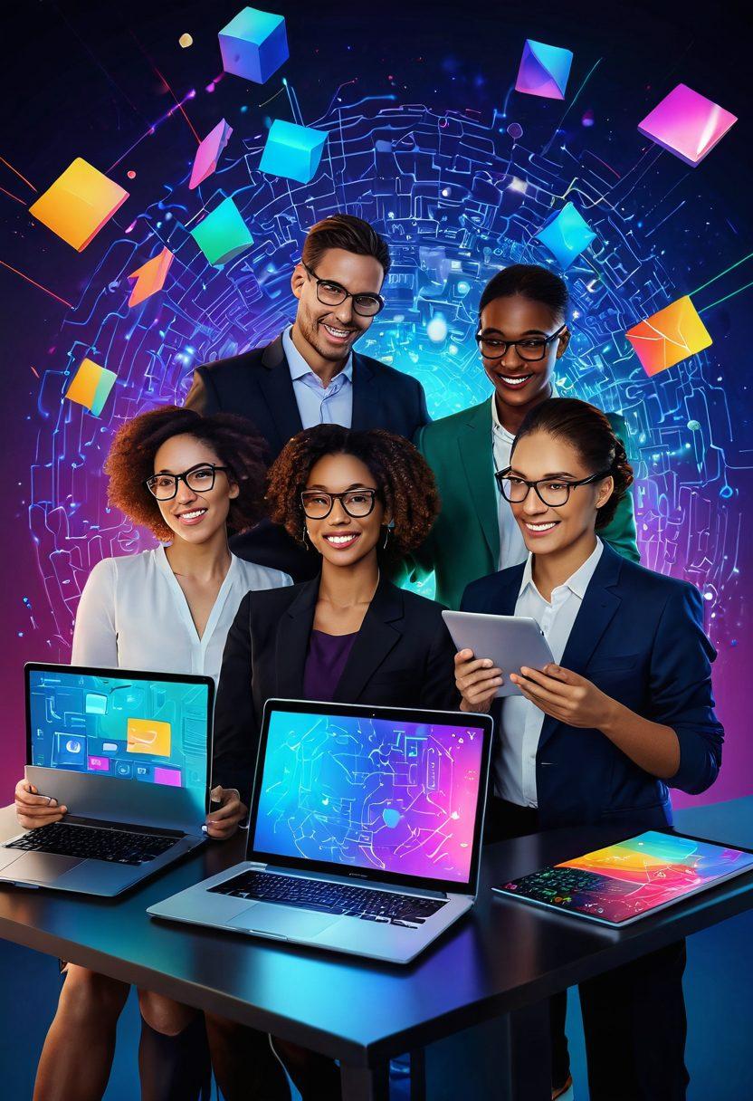 A diverse group of tech experts, joyfully engaging with various digital devices like laptops and tablets, surrounded by vibrant holographic interfaces representing data and technology. The background features abstract digital patterns symbolizing connectivity and innovation, to convey a happy and dynamic digital experience. Super-realistic. Vibrant colors. 3D.