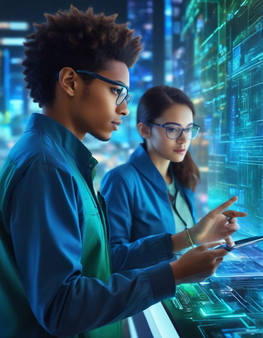 A futuristic tech expert guiding a user through a digital landscape filled with glowing circuits and holographic screens displaying tools and gadgets. The expert, a diverse individual, is engaging and friendly, symbolizing knowledge and support. The background features a city skyline with digital overlays, emphasizing a seamless digital journey. Bright blue and green hues create a vibrant and inviting atmosphere. super-realistic. vibrant colors.