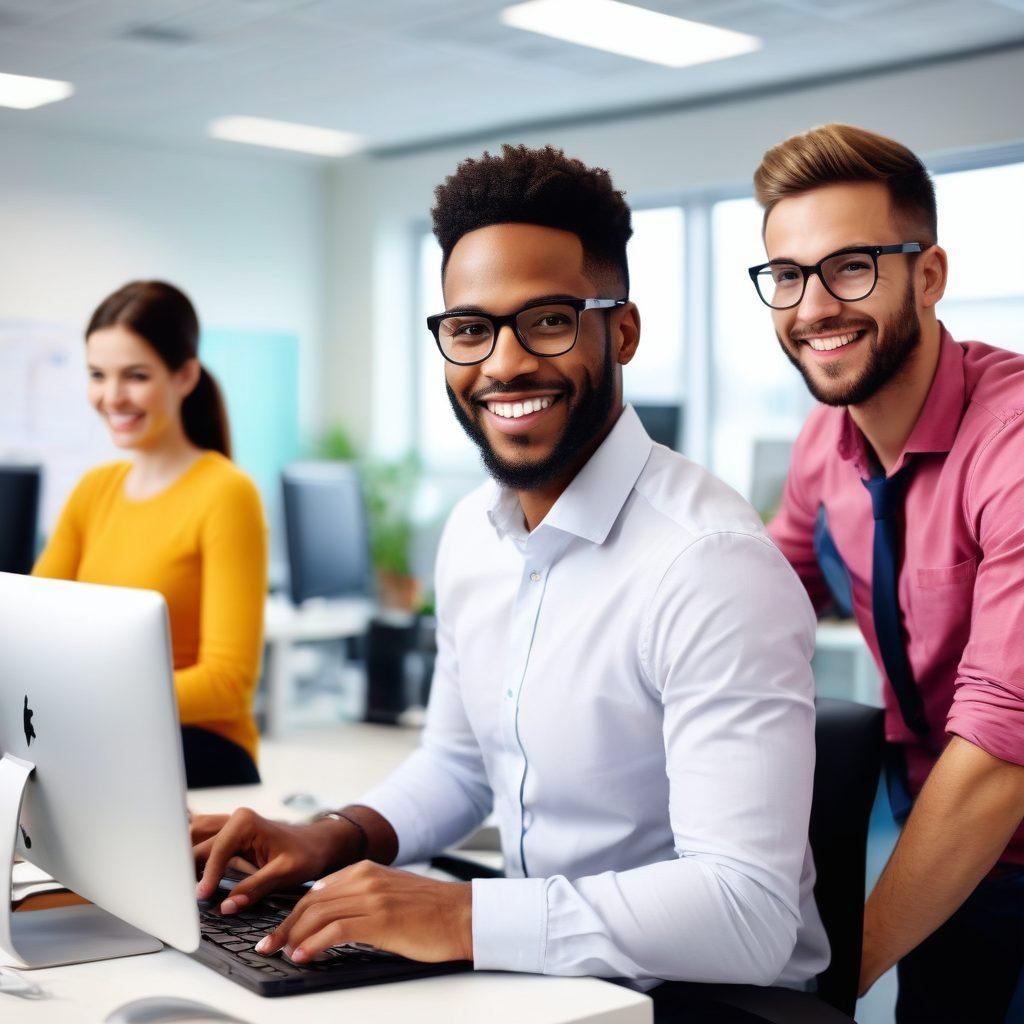 A friendly IT support specialist assisting a diverse group of happy customers around a modern workspace, showcasing smiles and solutions on digital devices. Include elements like a bustling office environment, colorful tech gadgets, and a whiteboard filled with ideas. Capture the essence of teamwork and satisfaction in the scene. super-realistic. vibrant colors. modern design.